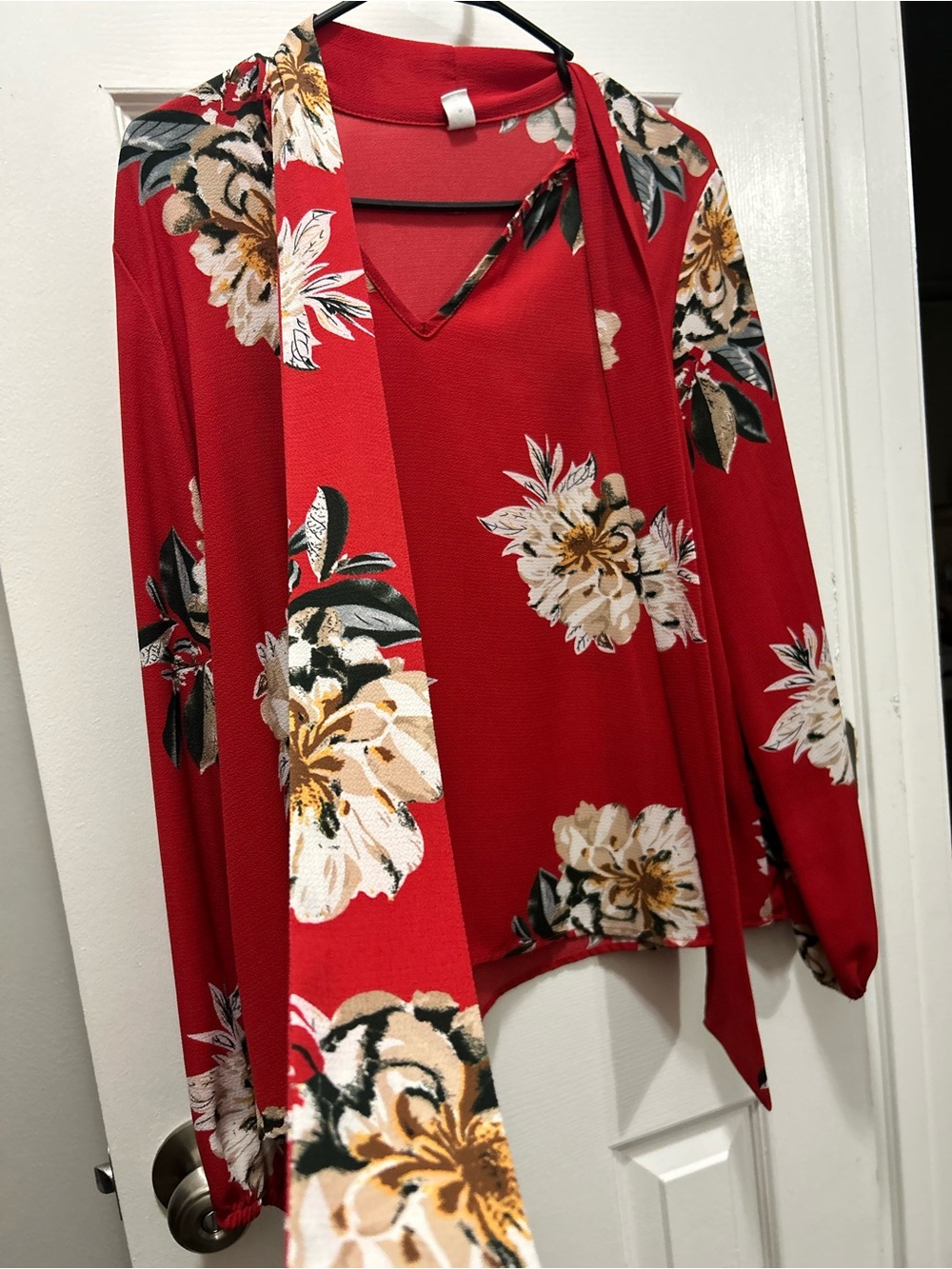 Floral V-Neck Red Women’s Top with Scarf Detail